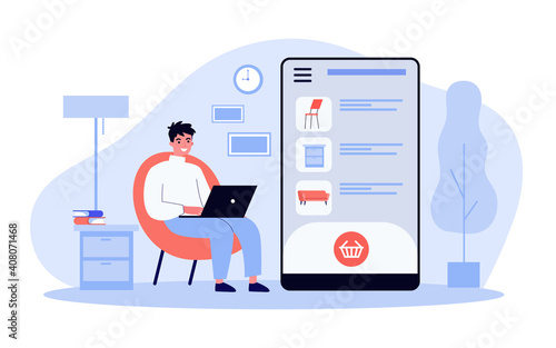 Happy guy choosing furniture in online store. Smartphone, laptop, home flat vector illustration. Vacation and digital technology concept for banner, website design or landing web page