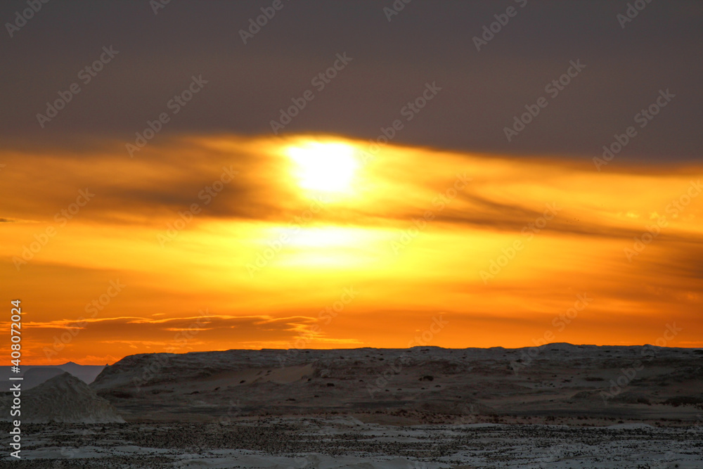 Sunrise in the Libyan desert, white desert, limestone formations in the front, Farafra, Egypt