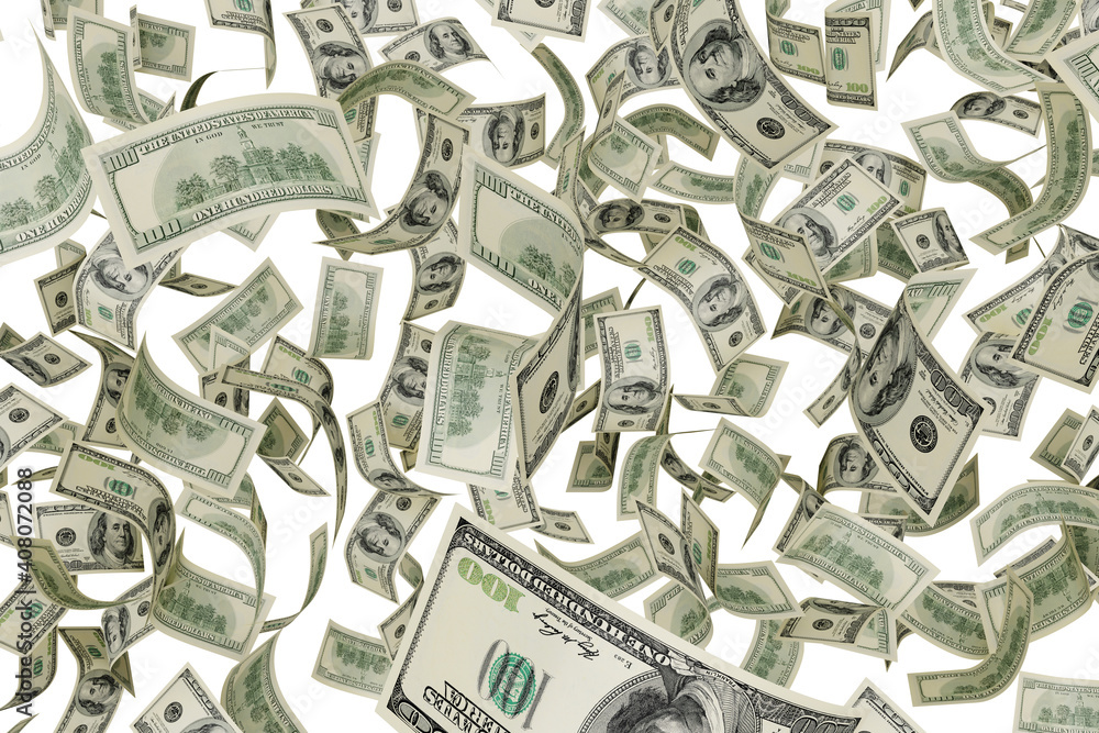 Rain of falling hundred dollar bills isolated on white. 3D rendering. Rain of falling hundred dollar bills isolated on white. 3D rendering.