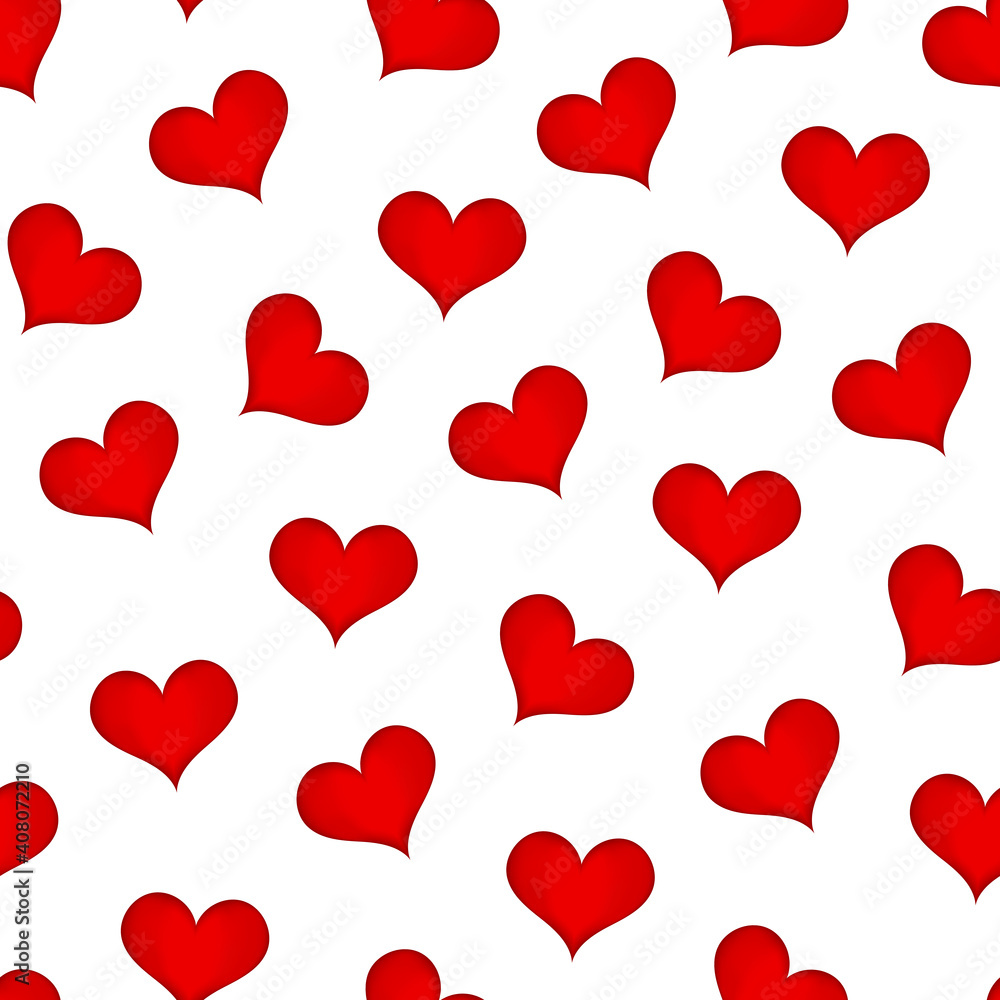 Romantic seamless pattern with red hearts, on white isolated background.