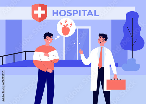 Anxious patient going to hospital with pain in heart. Doctor, disease, health flat vector illustration. Medicine and cardiology concept for banner, website design or landing web page