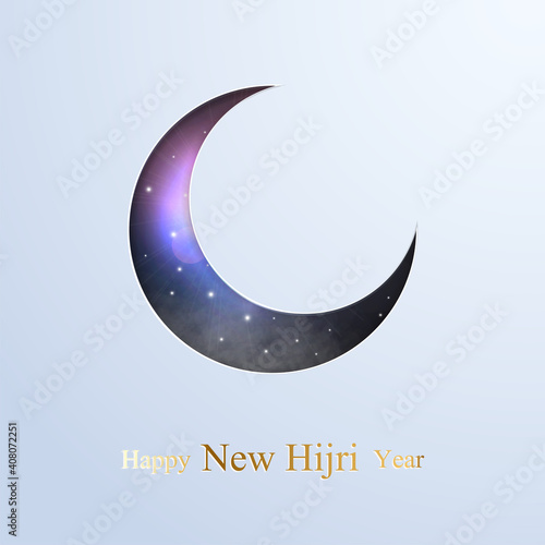 Crescent moon with stars and clouds, clouds isolated on a white background. Muslim holy month Ramadan postcard design. Ramadan Mubarak. Vector illustration