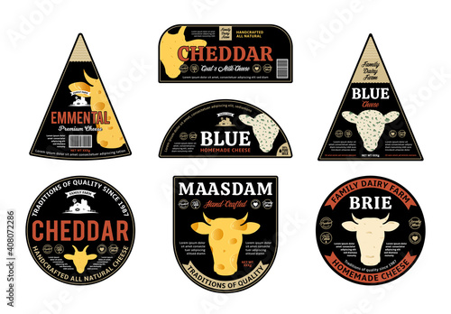 Vector cheese labels and packaging design elements. Different types of cheese textures. Cow, sheep, and goat icons