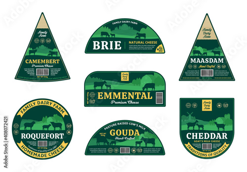 Vector cheese labels and packaging design elements. Dairy farming illustrations. Rural landscape, farm animals and design elements