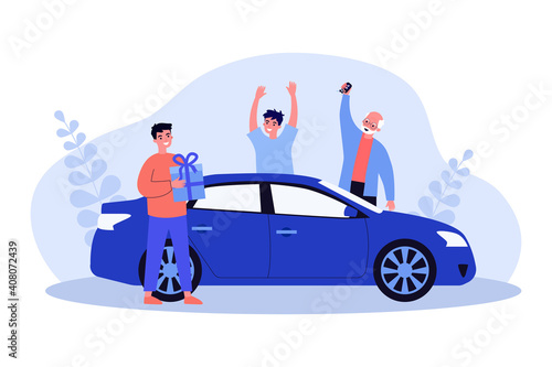 Happy guy getting car as birthday present. Vehicle, friend, grandfather flat vector illustration. Holiday and celebration concept for banner, website design or landing web page