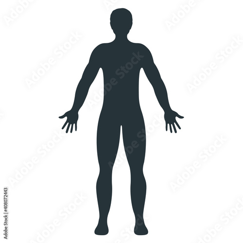 Male human character, people man front side body silhouette, isolated on white, flat vector illustration.