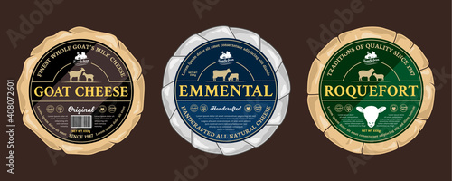 Vector cheese round labels and cheese wheels wrapped in paper. Cow, sheep, and goat silhouettes