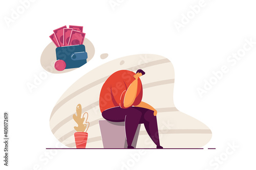 Depressed broke person having debts and money troubles. Bankrupt suffering from depression and financial problems. Vector illustration bankruptcy, crisis, loss concept