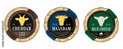 Vector cheese round labels and cheese wheels wrapped in paper. Cow, sheep, and goat icons