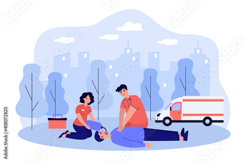 Paramedics resuscitating unconscious person. Doctor and assistant applying cardiopulmonary resuscitation to lying outside. Vector illustration for emergency, accident, first aid training concept