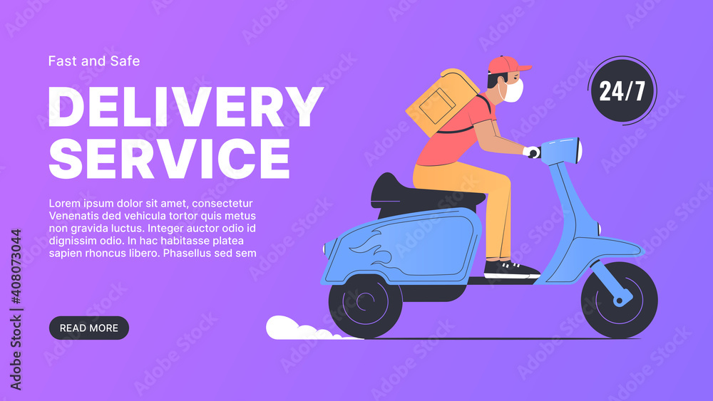 Delivery Service. Courier in Medical Mask on a Scooter. Express Delivery. Vector Illustration. Delivery Service. Courier in Medical Mask on a Scooter. Express Delivery. Vector Illustration.