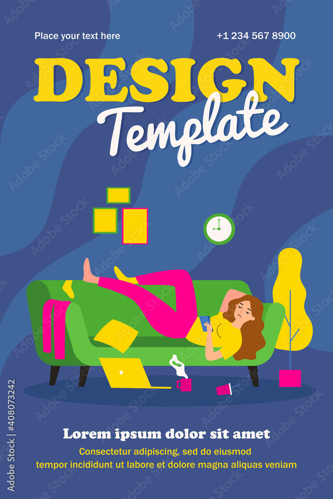 Depressed woman lying on couch in messy room isolated flat vector illustration. Cartoon lazy character resting on sofa at home and surfing internet on smartphone. Apathy and indifference concept Depressed woman lying on couch in messy room isolated flat vector illustration. Cartoon lazy character resting on sofa at home and surfing internet on smartphone. Apathy and indifference concept