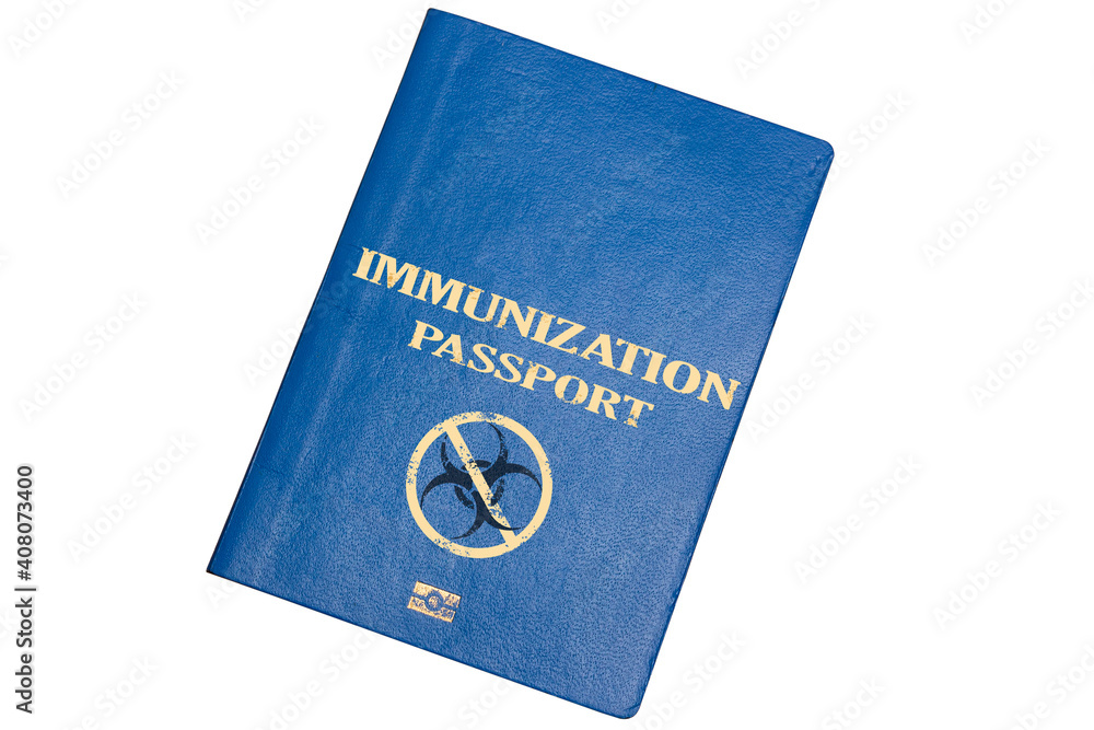 Blue biometric passport on a white background with the inscription IMMUNIZATION PASSPORT and danger biohazard caution sign. Concept of introducing a vaccination passport or immunity Blue biometric passport on a white background with the inscription IMMUNIZATION PASSPORT and danger biohazard caution sign. Concept of introducing a vaccination passport or immunity