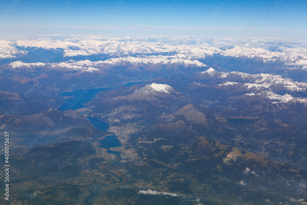 Panoramic shot of Switzerland mountains and lakes . landscape of Alps with snowy peaks