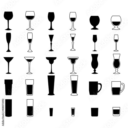 A set of silhouettes of glasses, alcoholic drinks in glasses of various sizes and shapes, two types of icons