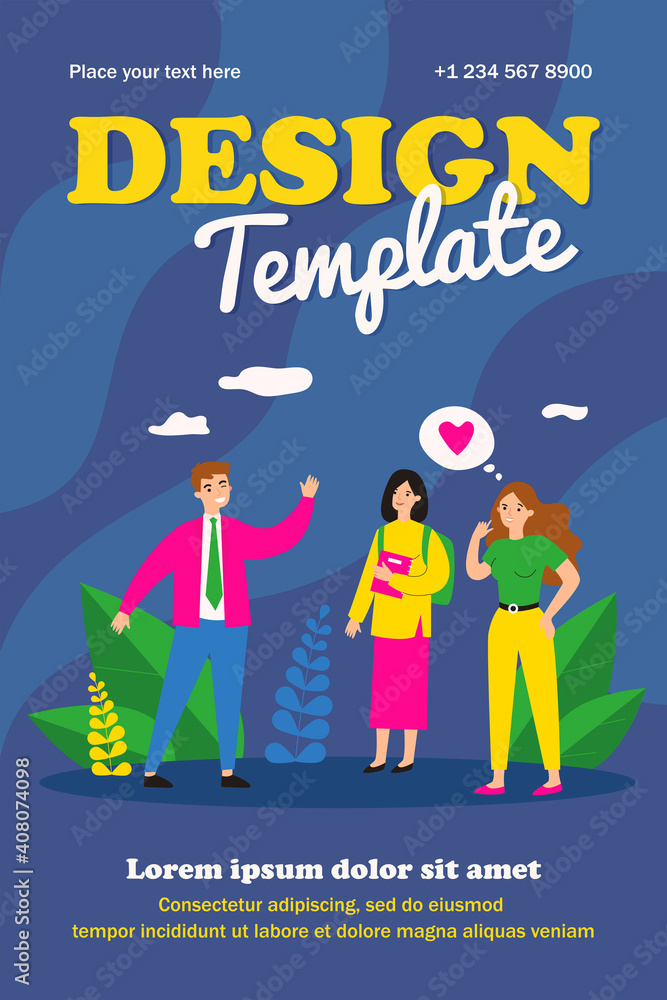 Naklejka premium Happy guy flirting with pretty women. Love, greeting, boyfriend flat vector illustration. Relationship and communication concept for banner, website design or landing web page