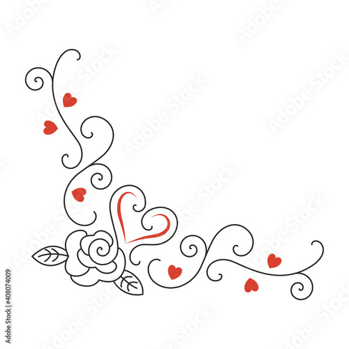 Hearts  rose flower  curls. Valentine s Day ornament. Symbol of love  wedding  romance. Hand-drawn vector  line art. Design element for greeting cards  invitations  gift wrapping  printing on fabric.