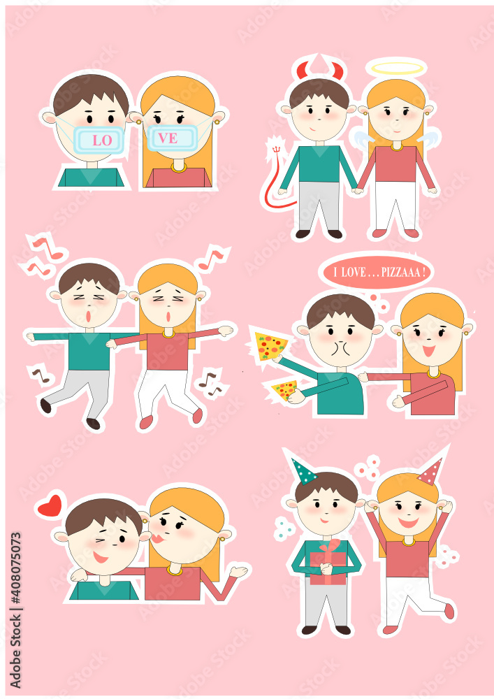 Vector illustration of stickers with a love couple. The history of stickers about lovers. A couple eats pizza, dances, celebrates a birthday, observes a mask regime, kisses. Funny stickers with people Vector illustration of stickers with a love couple. The history of stickers about lovers. A couple eats pizza, dances, celebrates a birthday, observes a mask regime, kisses. Funny stickers with people