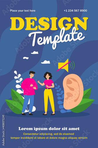 Deaf people talking with gestures flat vector illustration. Cartoon handicapped characters near large ear symbol. Sign language and hearing loss concept