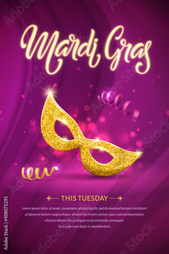 Mardi gras lettering brochure. Fat tuesday poster with handwritten typography and golden mask. Vector logo with shining beads on traditional colors background