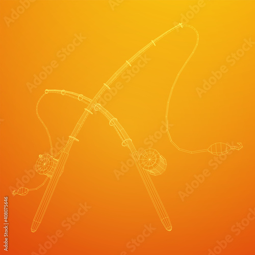 Fishing rod with line sinker and hook. Wireframe low poly mesh vector illustration.