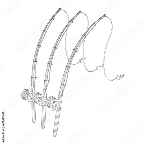 Fishing rod with line sinker and hook. Wireframe low poly mesh vector illustration.