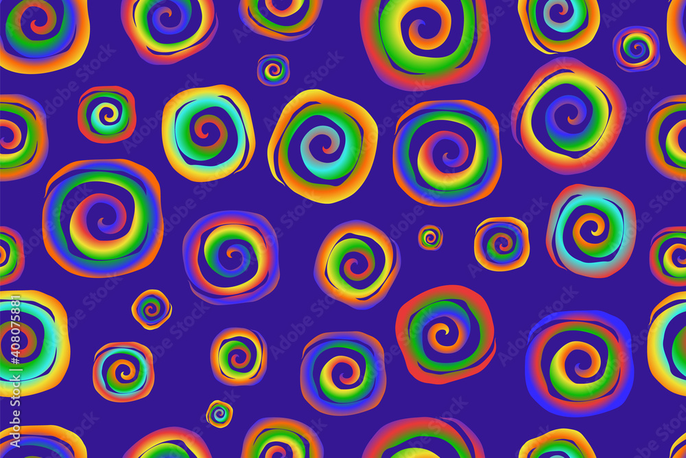 Bright seamless pattern in hippie style of rainbow spirals on a purple background