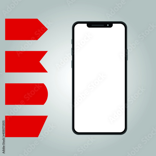 Smartphone mockup with a white screen, Vector, flat, realistic, illustration, device mockup, template. Isolated mobile phone with set of red labels for prise