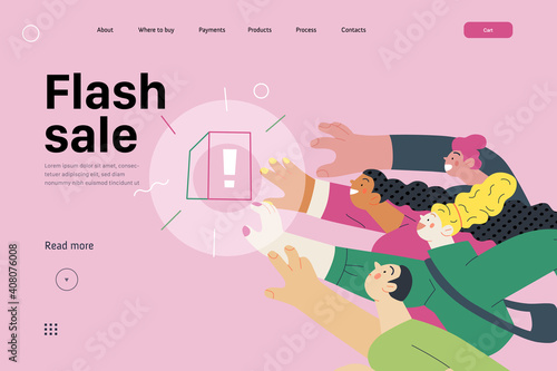 Discounts, sale, promotion- web template -modern flat vector concept illustration of people crowd raising hands trying to get a limited offer product with an exclamation sign, in pursuit. Flash sale