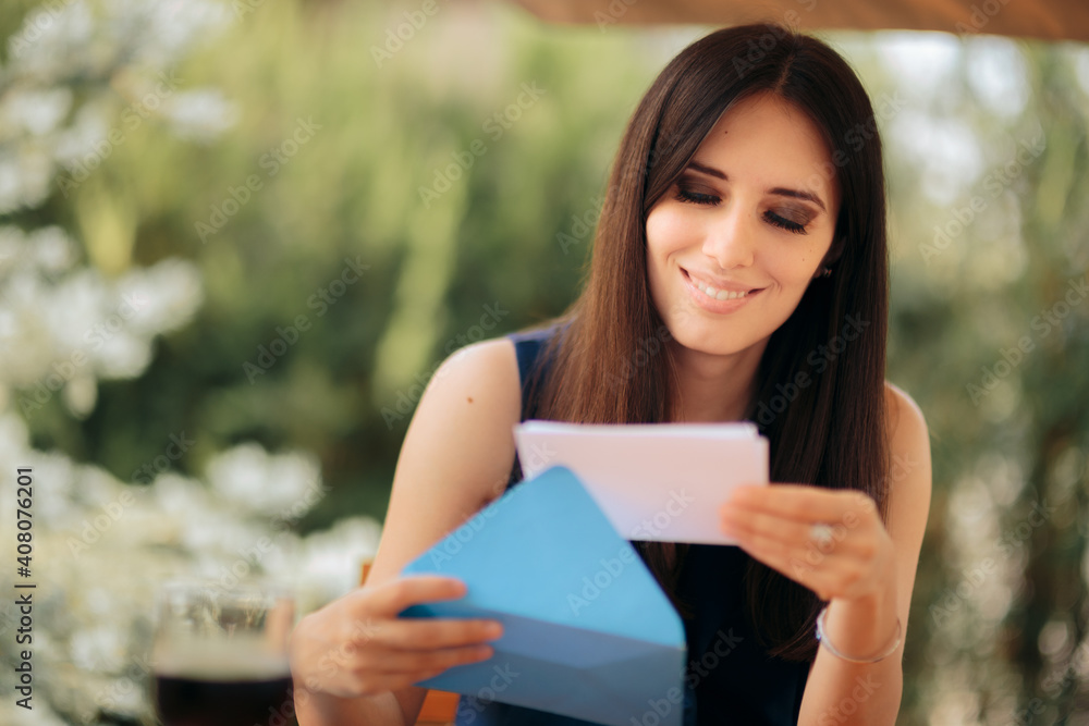Happy Woman Opening an Envelope Receiving Good News Happy Woman Opening an Envelope Receiving Good News