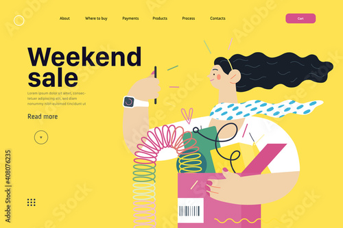 Discounts, sale, promotion - online shopping web template- modern flat vector concept illustration of a young woman holding a box full of goods. Delivery and online orders concept. Weekend sale