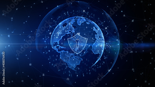 Shield Icon of Cyber Security Digital Data, Digital Data Network Protection, Global Network 5g High-Speed Internet Connection and Big Data Analysis Future Background Concept.3d Rendering