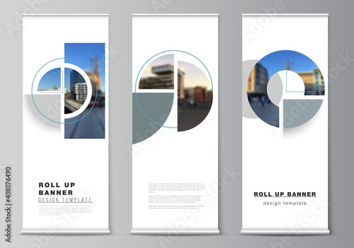 Vector layout of roll up mockup design templates for vertical flyers, flags design templates, banner stands. Background with abstract circle round banners. Corporate business concept template.