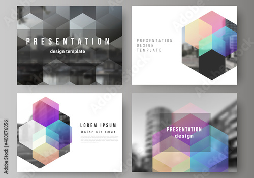 Vector layout of the presentation slides design business templates, multipurpose template with colorful hexagons, geometric shapes, tech background for presentation brochure, brochure cover, report.