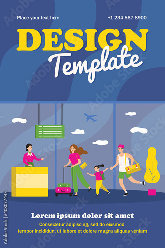 Travelers running for flight registration. Passenger, plane, airport flat vector illustration. Vacation and travel concept for banner, website design or landing web page