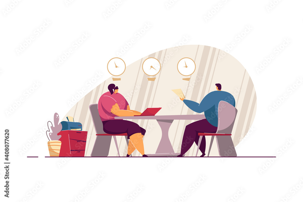Job interview meeting. Employee candidate with CV and HR manager talking in office. Vector illustration for hiring, corporate conversation, career concept
