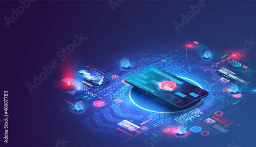 The credit card is isometric. The concept of the protective functions of the map. Can use for web banner. Secure payment, payment protection concepts. Credit card with lock. Vector illustration