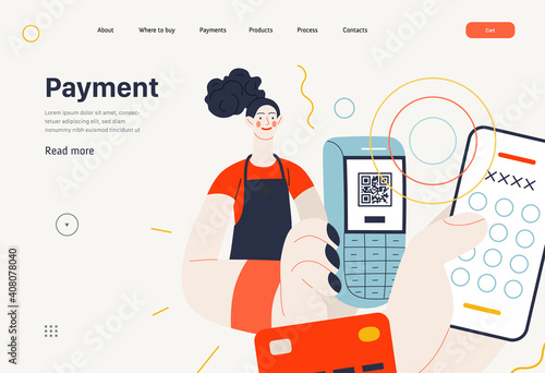 Business topics - payment, web template, header. Flat style modern outlined vector concept illustration. A waitress holding a pos-terminal. A customer paying with pin code on phone. Business metaphor.