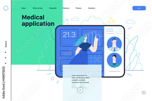Medical insurance web page template - medical application -modern flat vector concept digital illustration - female user managing the schedule in the hospital application on the tablet