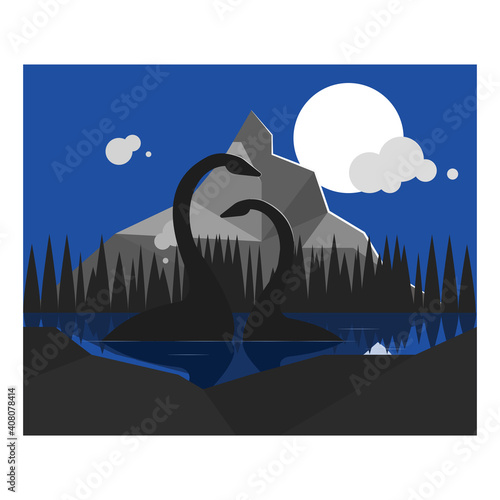 A couple of Loch ness monsters in a lake in full moon night. Flat style illustration. 