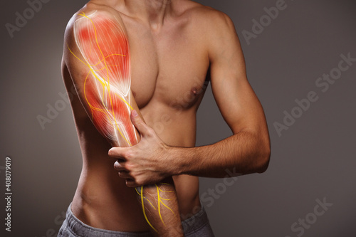 Canvastavla Arm nerve pain, man holding painful zone injured point, human body anatomy