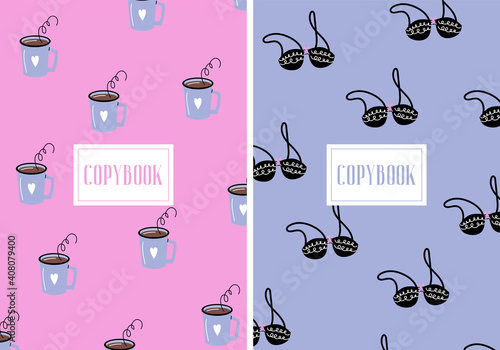 Set of bright covers for copybook with patterns of coffee mugs and bras. Covers in two colors for women. Vector flat copybooks with funny elements in cartoon style. A set of pink and lilac covers.