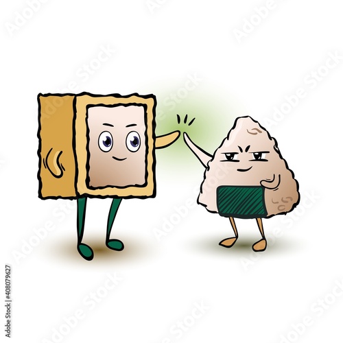 Vector illustration for sticker or clipart with ambitious bento friends. Rice ball gives five to omelette roll hitting his open hand in greeting or celebration. For scrapbooking, invitation, card