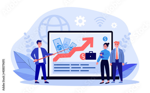 Tiny business tutor explaining about investment. Arrow, laptop, investor flat vector illustration. Finance growth and wealth concept for banner, website design or landing web page