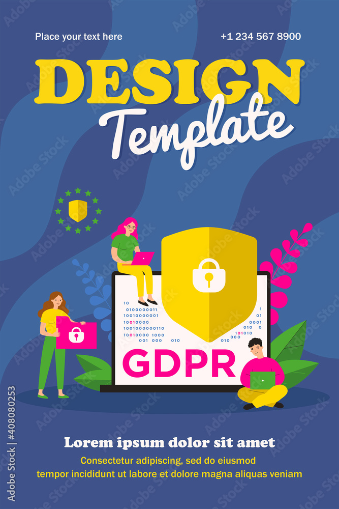Shield with lock on computer display as symbol of general data protection regulation. People sure of their privacy while using gadgets. Vector illustration for GDPR, information protection concept Shield with lock on computer display as symbol of general data protection regulation. People sure of their privacy while using gadgets. Vector illustration for GDPR, information protection concept