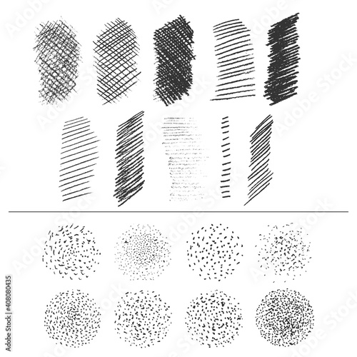 Hand drawn crosshatching, hatching and dotty scatter brush templates. Vector graphic design elements.
