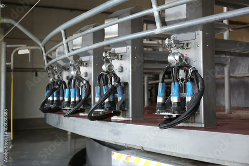 Fotografie, Obraz Automatic milking systems in parlor. Modern dairy farm