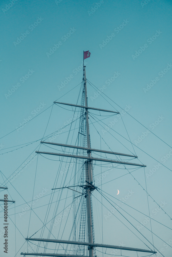 Mast in front of moon, Hamburg, December 2020