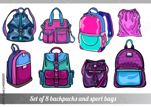 Collection of 8 vector illustrations of stylish sportive backpack bags in various sizes, types and shapes, in pink and blue colors, in hand drawn style for custom design, print, pattern, stickers.