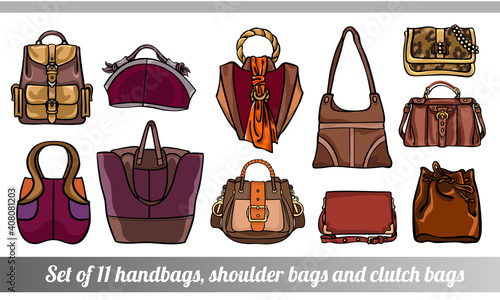 Collection of 11 vector illustrations of stylish female bags in various sizes, types and shapes, in brown and orange colors, in hand drawn style for custom design, print, pattern, stickers.